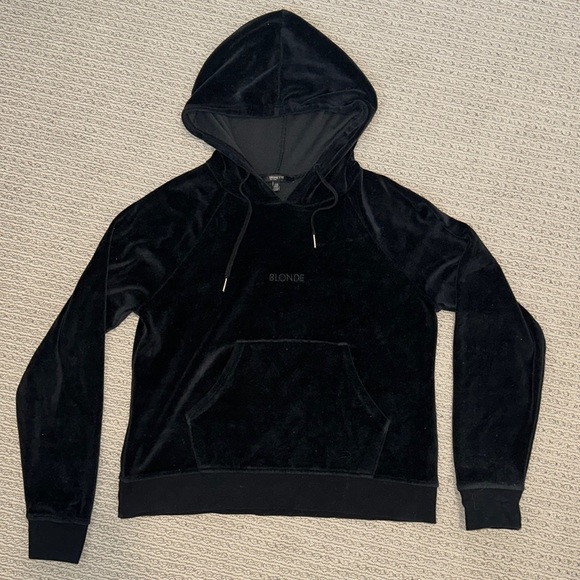 Brunette The Label BLONDE Embroidered Velour Velvet Hoodie in Black Small/Medium - Picture 2 of 5